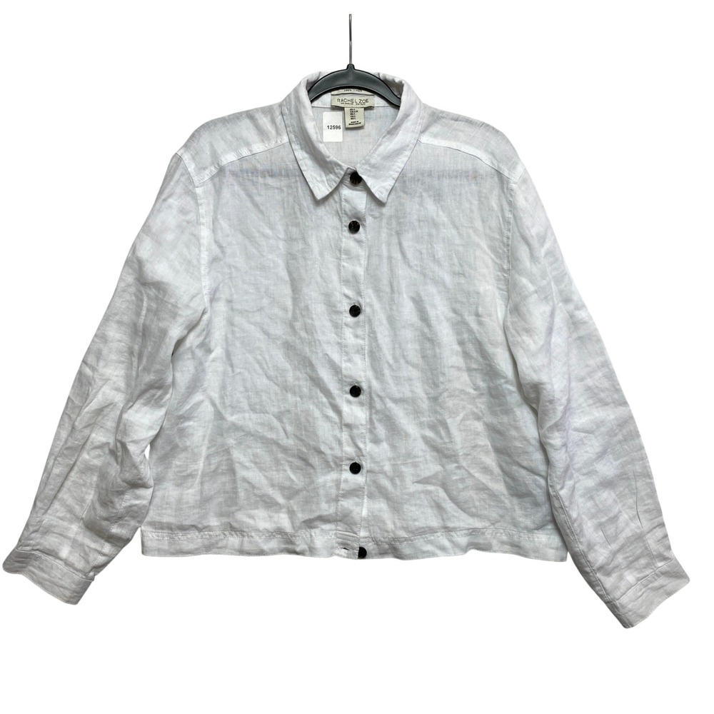 Rachel Zoe Linen Shirt Womens Large White Button Down Cropped Long Sleeve Top
